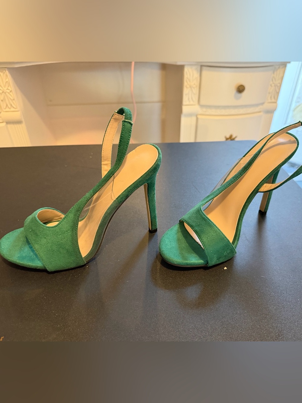 Green Suede Open-Toe Slingback Heels